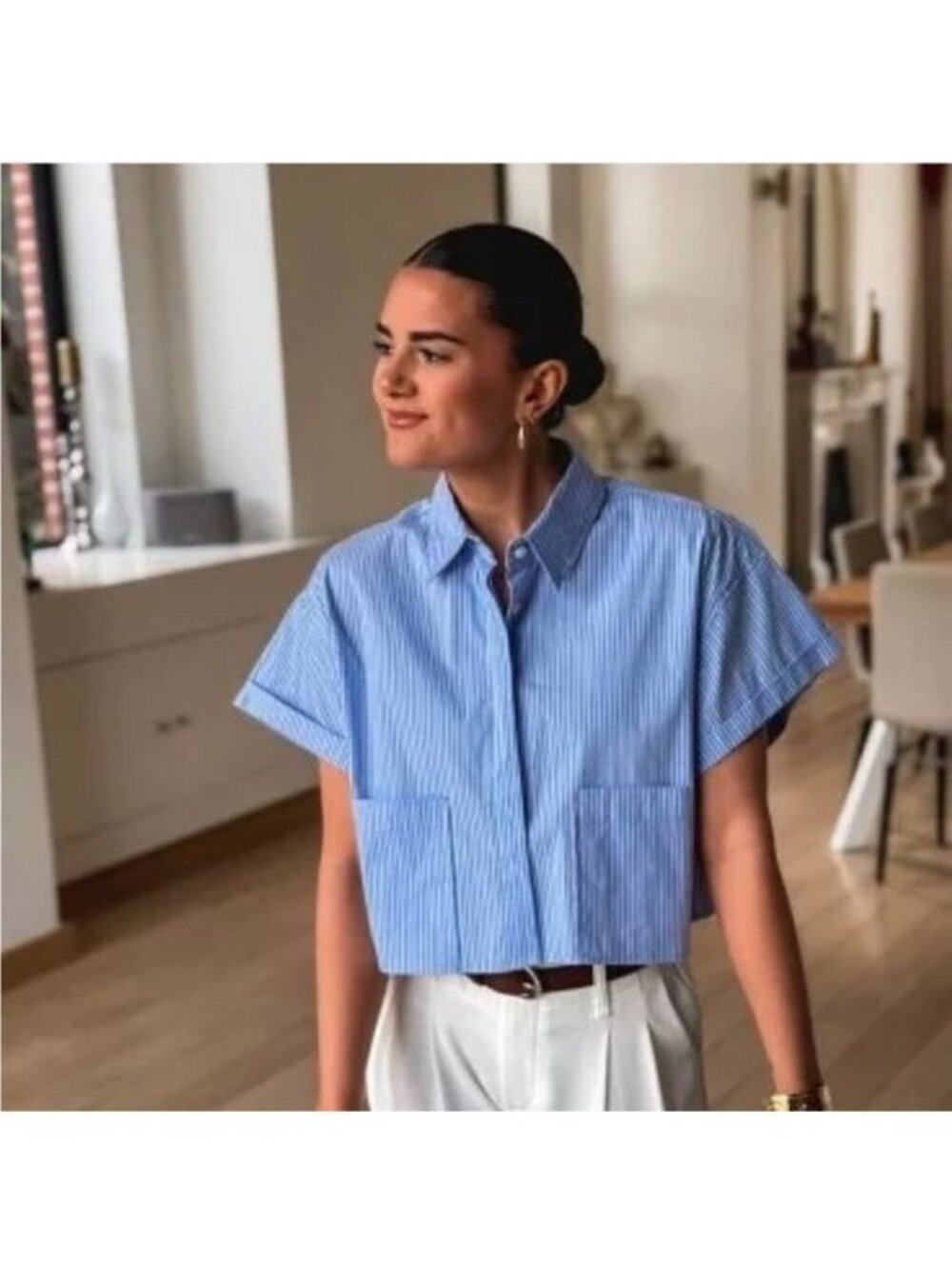 Zara Medium Cropped Short Sleeve Button Up Striped Shirt Blue Coastal - Picture 8 of 8